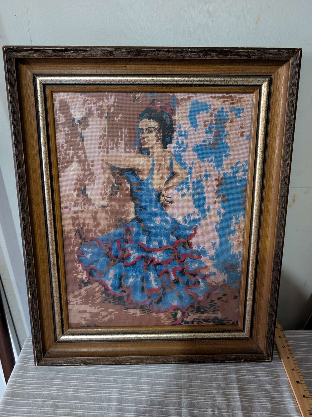 Vintage Framed Spanish Flamenco Dancer Needlepoint Tapestry Wall Art
